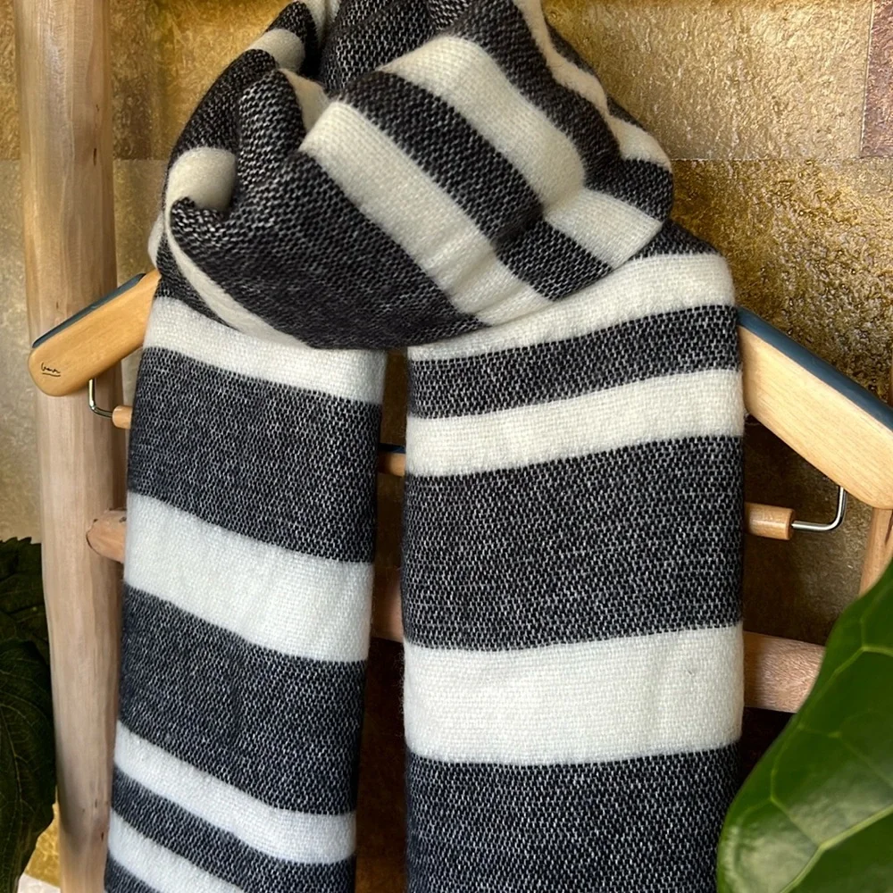 Zara Women’s Soft Knit Chunky Oversized Stripe Grey/White Fringe Winter Scarf